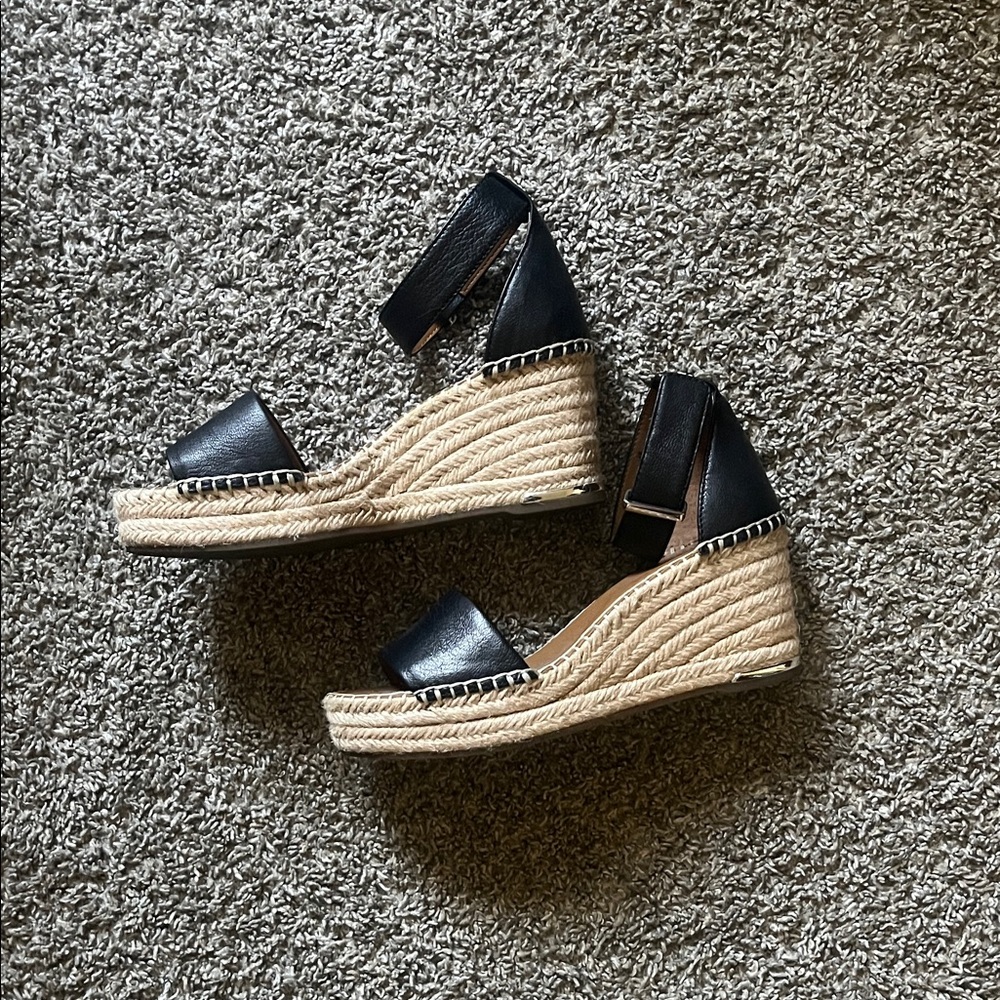 Franco Sarto Black and Tan Wedge Sandals